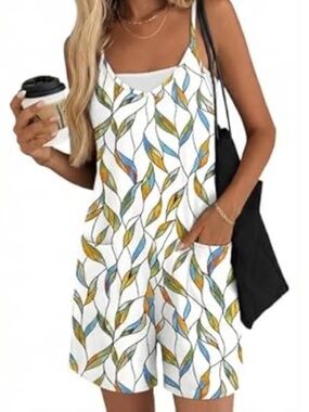 Summer Casual Spaghetti Strap Pockets Leaf Print Shorts Romper Onesie XL White